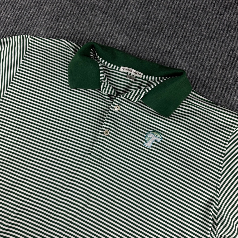 Peter Millar Mens XL Green White Striped Tulane Green Wave Cotton Polo Shirt